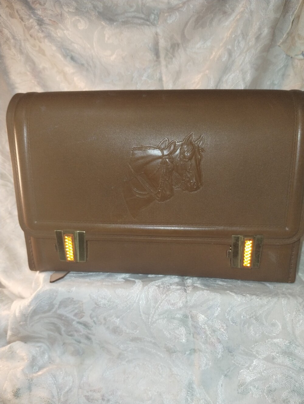 Vintage 1960s Vinyl Bicycle Saddlebag with Leather Straps & Horse Embossing...